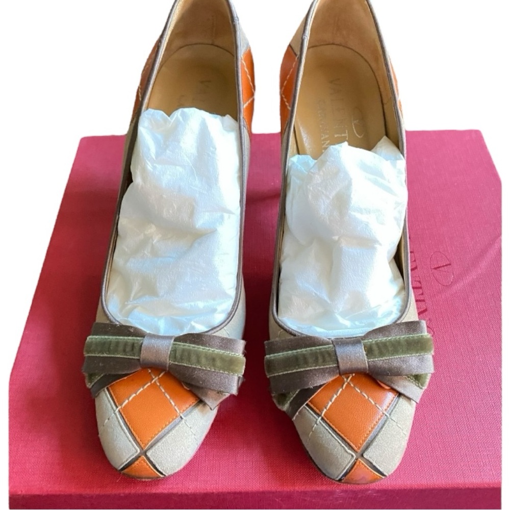Valentino Garavani Vintage Y2K Argyle Patchwork Suede with Velvet Bow Size 37